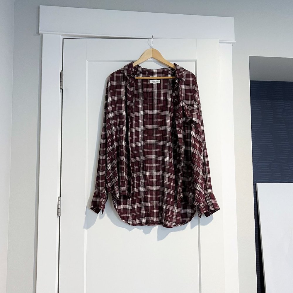 Treasure & Bond Boyfriend Midweight Shirt-tail Flannel - Maroon/Cream